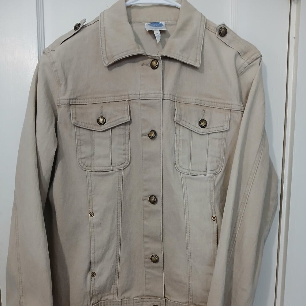 DIANE GILLMAN DENIM JACKET, TAN COLOR, STRETCH, SIZE MEDIUM
